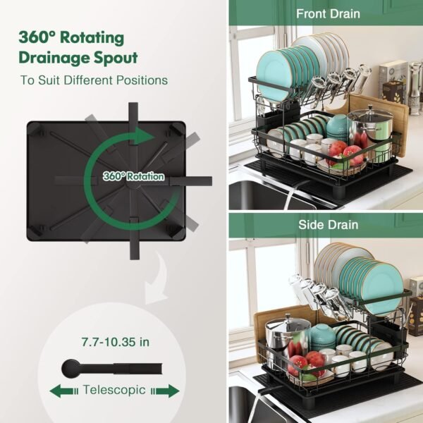 2-Tier Dish Drying Rack with Drainboard & Utensil Holder – Large Capacity Kitchen Counter Drainer Set, Black - Image 2
