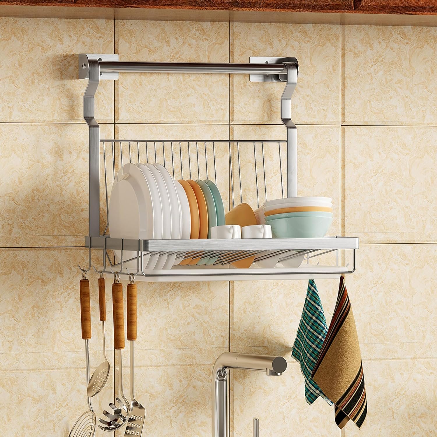 81mVPaxcgCL._AC_SL1500_ Stainless Steel Dish Drying Rack with Drainboard & Hanging Rod – Over-Sink Organizer with Sponge Holder (Silver) - Image 6