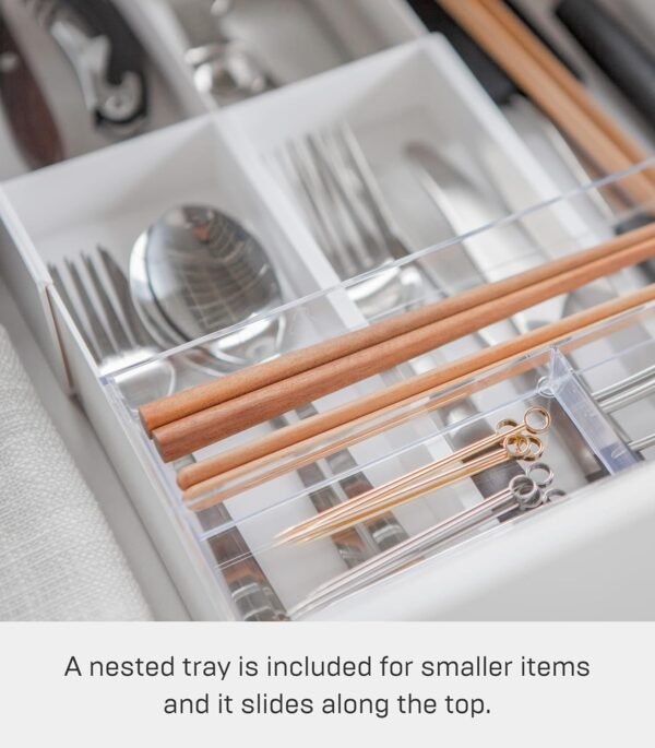 Adjustable Expandable Cutlery Drawer Tray with Sliding Divider – Fits Multiple Drawer Sizes, White - Image 4
