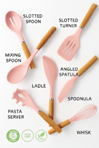 8-Piece Silicone Cooking & Baking Utensil Set with Rounded Wooden Handles – Heat-Resistant, Nonstick Safe, White - Image 3