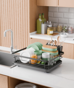 Space-Saving Stainless Steel Dish Drying Rack with Drainboard & Cutlery Holder – Black Finish, 29 × 38 × 12.7 cm - Image 2