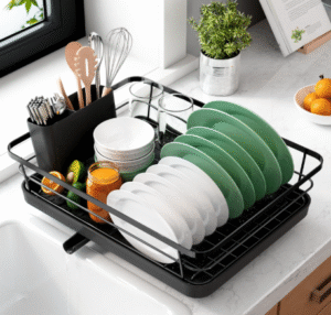 Space-Saving Stainless Steel Dish Drying Rack with Drainboard & Cutlery Holder – Black Finish, 29 × 38 × 12.7 cm