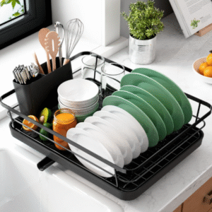Space-Saving Stainless Steel Dish Drying Rack with Drainboard & Cutlery Holder – Black Finish, 29 × 38 × 12.7 cm