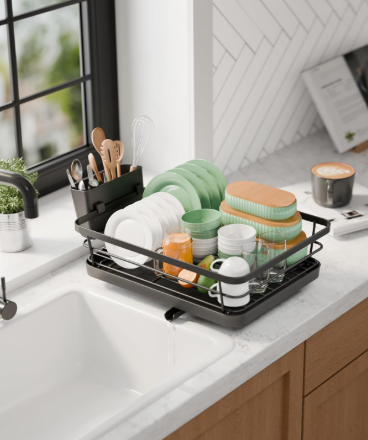 Screenshot 2025-10-24 013616 Space-Saving Stainless Steel Dish Drying Rack with Drainboard & Cutlery Holder – Black Finish, 29 × 38 × 12.7 cm - Image 3