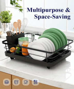 Space-Saving Stainless Steel Dish Drying Rack with Drainboard & Cutlery Holder – Black Finish, 29 × 38 × 12.7 cm - Image 4