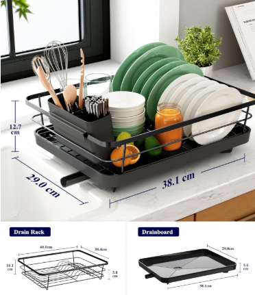 Screenshot 2025-10-24 013720 Space-Saving Stainless Steel Dish Drying Rack with Drainboard & Cutlery Holder – Black Finish, 29 × 38 × 12.7 cm - Image 5